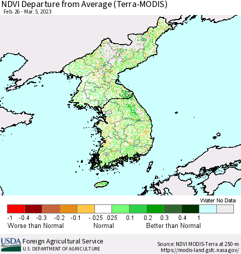 Korea NDVI Departure from Average (Terra-MODIS) Thematic Map For 3/1/2023 - 3/10/2023