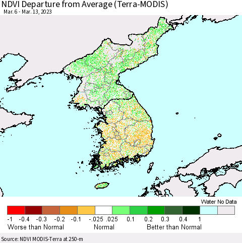 Korea NDVI Departure from Average (Terra-MODIS) Thematic Map For 3/6/2023 - 3/13/2023