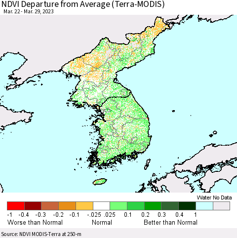 Korea NDVI Departure from Average (Terra-MODIS) Thematic Map For 3/22/2023 - 3/29/2023