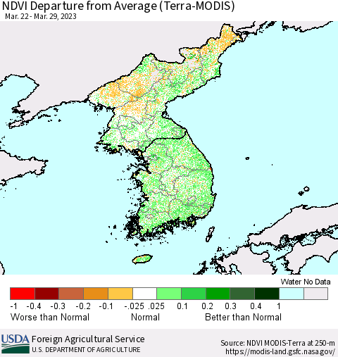 Korea NDVI Departure from Average (Terra-MODIS) Thematic Map For 3/21/2023 - 3/31/2023