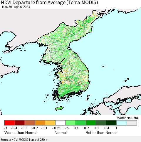 Korea NDVI Departure from Average (Terra-MODIS) Thematic Map For 3/30/2023 - 4/6/2023