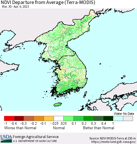 Korea NDVI Departure from Average (Terra-MODIS) Thematic Map For 4/1/2023 - 4/10/2023