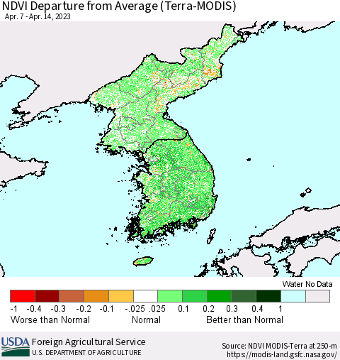 Korea NDVI Departure from Average (Terra-MODIS) Thematic Map For 4/11/2023 - 4/20/2023