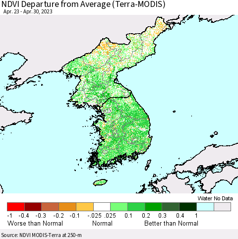 Korea NDVI Departure from Average (Terra-MODIS) Thematic Map For 4/21/2023 - 4/30/2023