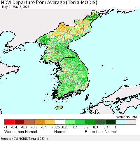 Korea NDVI Departure from Average (Terra-MODIS) Thematic Map For 5/1/2023 - 5/8/2023