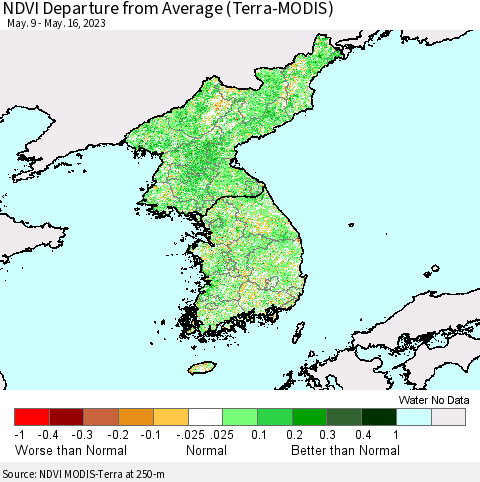 Korea NDVI Departure from Average (Terra-MODIS) Thematic Map For 5/9/2023 - 5/16/2023