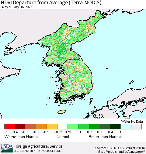 Korea NDVI Departure from Average (Terra-MODIS) Thematic Map For 5/11/2023 - 5/20/2023