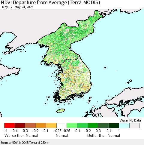 Korea NDVI Departure from Average (Terra-MODIS) Thematic Map For 5/17/2023 - 5/24/2023