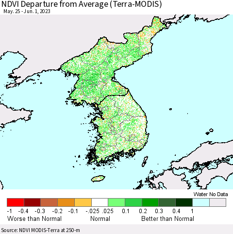 Korea NDVI Departure from Average (Terra-MODIS) Thematic Map For 5/25/2023 - 6/1/2023