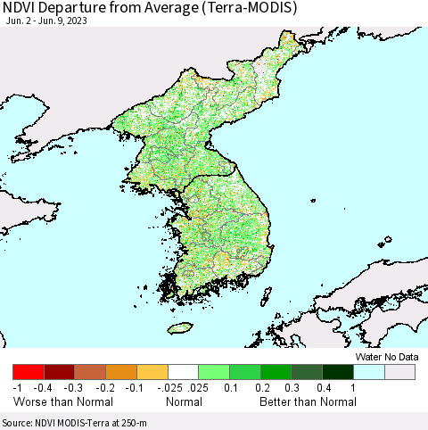 Korea NDVI Departure from Average (Terra-MODIS) Thematic Map For 6/2/2023 - 6/9/2023