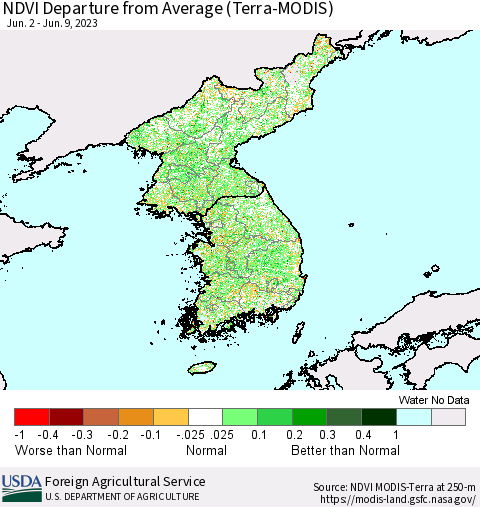 Korea NDVI Departure from Average (Terra-MODIS) Thematic Map For 6/1/2023 - 6/10/2023