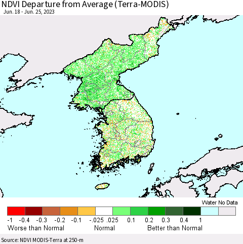 Korea NDVI Departure from Average (Terra-MODIS) Thematic Map For 6/18/2023 - 6/25/2023