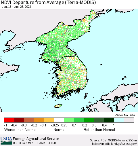 Korea NDVI Departure from Average (Terra-MODIS) Thematic Map For 6/21/2023 - 6/30/2023