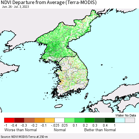 Korea NDVI Departure from Average (Terra-MODIS) Thematic Map For 6/26/2023 - 7/3/2023