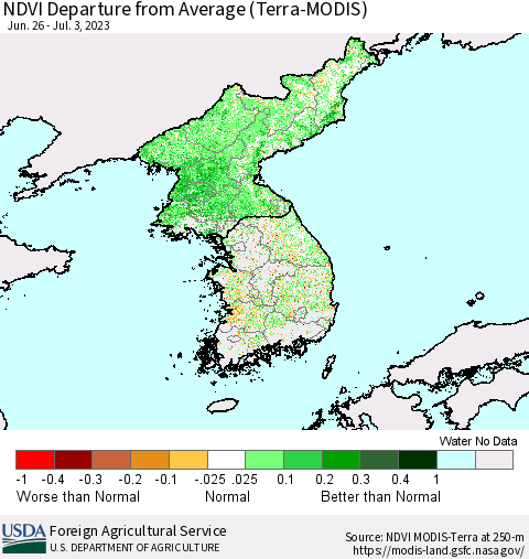 Korea NDVI Departure from Average (Terra-MODIS) Thematic Map For 7/1/2023 - 7/10/2023