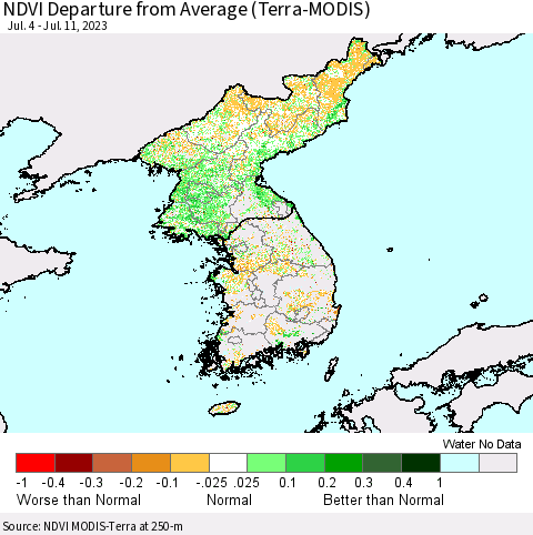 Korea NDVI Departure from Average (Terra-MODIS) Thematic Map For 7/4/2023 - 7/11/2023