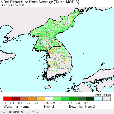 Korea NDVI Departure from Average (Terra-MODIS) Thematic Map For 7/12/2023 - 7/19/2023
