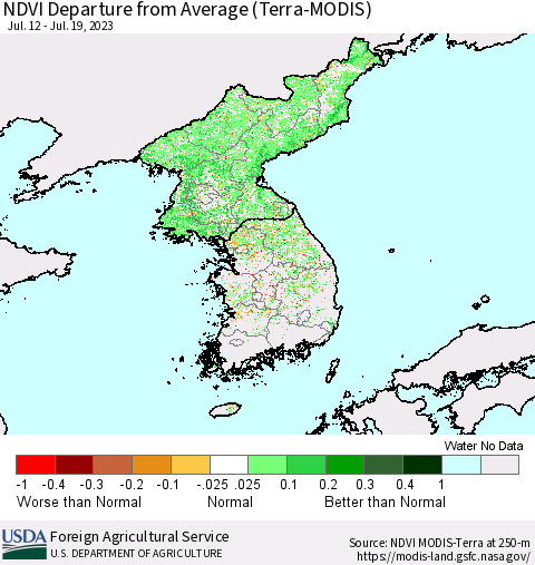 Korea NDVI Departure from Average (Terra-MODIS) Thematic Map For 7/11/2023 - 7/20/2023