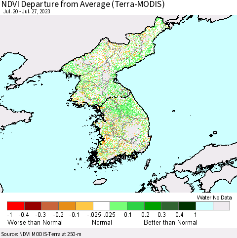 Korea NDVI Departure from Average (Terra-MODIS) Thematic Map For 7/20/2023 - 7/27/2023