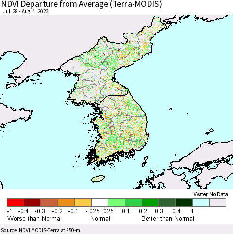 Korea NDVI Departure from Average (Terra-MODIS) Thematic Map For 7/28/2023 - 8/4/2023