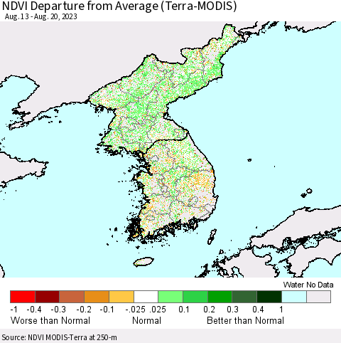 Korea NDVI Departure from Average (Terra-MODIS) Thematic Map For 8/13/2023 - 8/20/2023