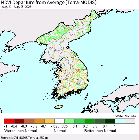 Korea NDVI Departure from Average (Terra-MODIS) Thematic Map For 8/21/2023 - 8/28/2023