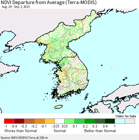 Korea NDVI Departure from Average (Terra-MODIS) Thematic Map For 8/29/2023 - 9/5/2023