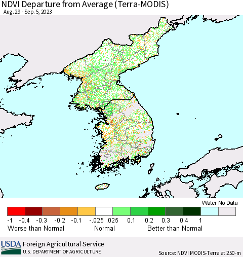 Korea NDVI Departure from Average (Terra-MODIS) Thematic Map For 9/1/2023 - 9/10/2023