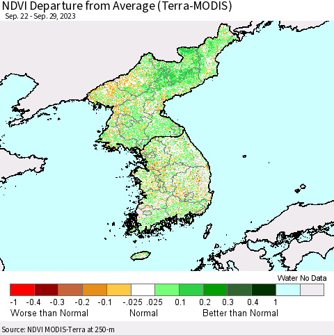 Korea NDVI Departure from Average (Terra-MODIS) Thematic Map For 9/22/2023 - 9/29/2023