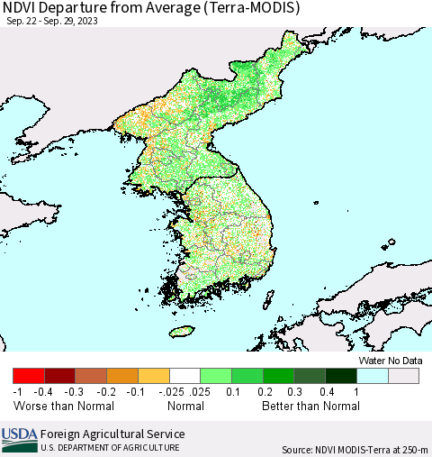 Korea NDVI Departure from Average (Terra-MODIS) Thematic Map For 9/21/2023 - 9/30/2023