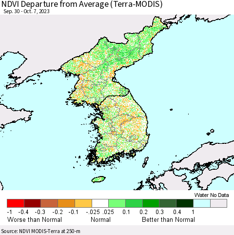 Korea NDVI Departure from Average (Terra-MODIS) Thematic Map For 9/30/2023 - 10/7/2023