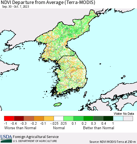 Korea NDVI Departure from Average (Terra-MODIS) Thematic Map For 10/1/2023 - 10/10/2023