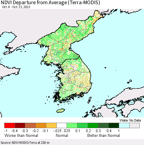 Korea NDVI Departure from Average (Terra-MODIS) Thematic Map For 10/8/2023 - 10/15/2023