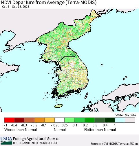Korea NDVI Departure from Average (Terra-MODIS) Thematic Map For 10/11/2023 - 10/20/2023