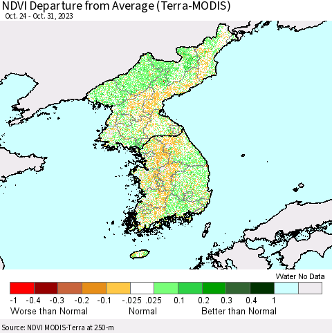 Korea NDVI Departure from Average (Terra-MODIS) Thematic Map For 10/24/2023 - 10/31/2023