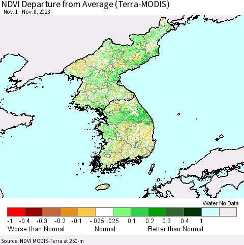 Korea NDVI Departure from Average (Terra-MODIS) Thematic Map For 11/1/2023 - 11/8/2023