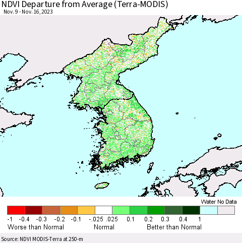 Korea NDVI Departure from Average (Terra-MODIS) Thematic Map For 11/9/2023 - 11/16/2023