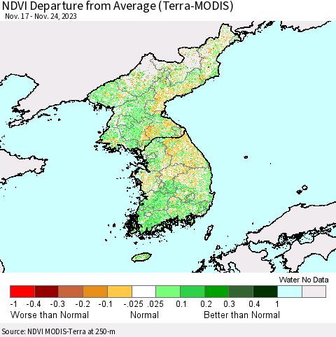 Korea NDVI Departure from Average (Terra-MODIS) Thematic Map For 11/17/2023 - 11/24/2023