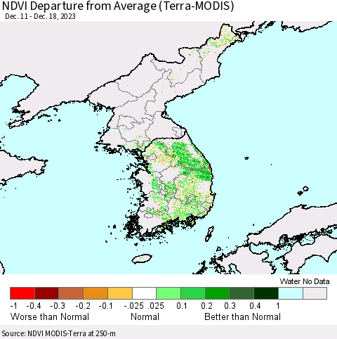 Korea NDVI Departure from Average (Terra-MODIS) Thematic Map For 12/11/2023 - 12/18/2023