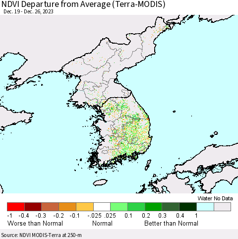 Korea NDVI Departure from Average (Terra-MODIS) Thematic Map For 12/19/2023 - 12/26/2023