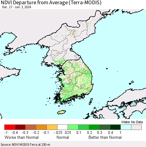 Korea NDVI Departure from Average (Terra-MODIS) Thematic Map For 12/27/2023 - 1/3/2024