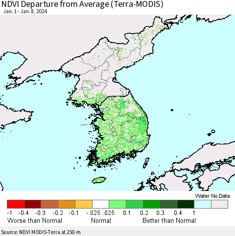 Korea NDVI Departure from Average (Terra-MODIS) Thematic Map For 1/1/2024 - 1/8/2024