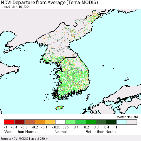 Korea NDVI Departure from Average (Terra-MODIS) Thematic Map For 1/9/2024 - 1/16/2024