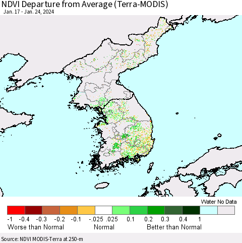 Korea NDVI Departure from Average (Terra-MODIS) Thematic Map For 1/17/2024 - 1/24/2024