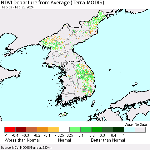 Korea NDVI Departure from Average (Terra-MODIS) Thematic Map For 2/18/2024 - 2/25/2024