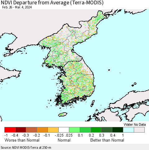 Korea NDVI Departure from Average (Terra-MODIS) Thematic Map For 2/26/2024 - 3/4/2024