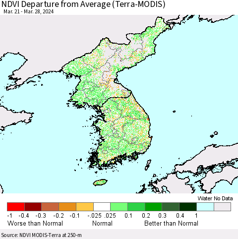 Korea NDVI Departure from Average (Terra-MODIS) Thematic Map For 3/21/2024 - 3/28/2024
