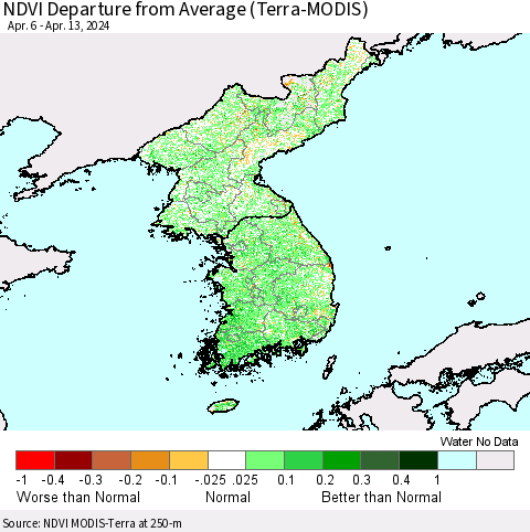Korea NDVI Departure from Average (Terra-MODIS) Thematic Map For 4/6/2024 - 4/13/2024