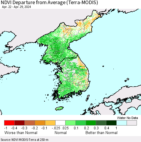 Korea NDVI Departure from Average (Terra-MODIS) Thematic Map For 4/22/2024 - 4/29/2024