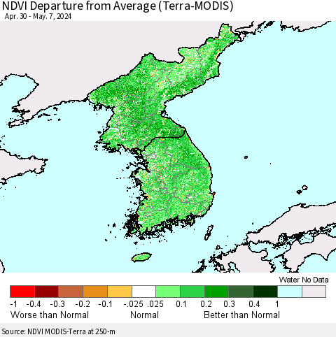 Korea NDVI Departure from Average (Terra-MODIS) Thematic Map For 4/30/2024 - 5/7/2024